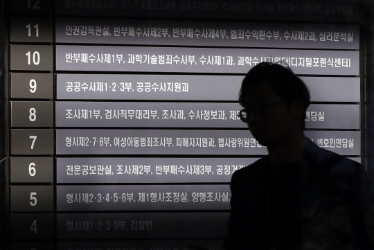 서울중앙지검 반부패·공공수사부 각각 2곳으로 축소       (서울=연합뉴스) 박동주 기자 = 서울중앙지검 반부패수사부(옛 특별수사부)가 현재 4곳에서 2곳으로, 공공수사부(옛 공안부)가 3곳에서 2곳으로 각각 축소된다. 다른 검찰청을 포함해 모두 13개 직접수사 부서가 형사부와 공판부로 전환된다. 법무부는 직접수사 부서를 이렇게 축소·조정하는 내용의 '검찰청 사무기구에 관한 규정' 개정안이 21일 오전 국무회의에서 의결됐다고 밝혔다. 사진은 이날 오전 서울중앙지검 층별 부서 안내판 앞으로 관계자가 지나가고 있는 모습. 2020.1.21      pdj6635@yna.co.kr   (끝)